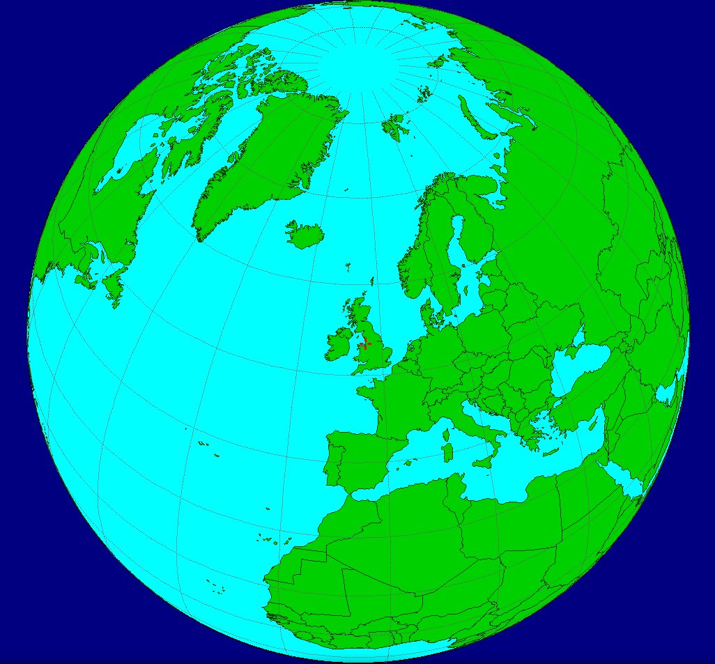 Globe centred on the British Isles