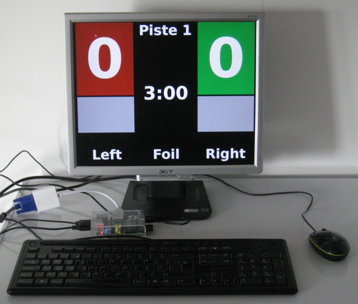Raspberry Pi driving a monitor that shows a foil scoreboard, Piste 1, 0–0, 3:00